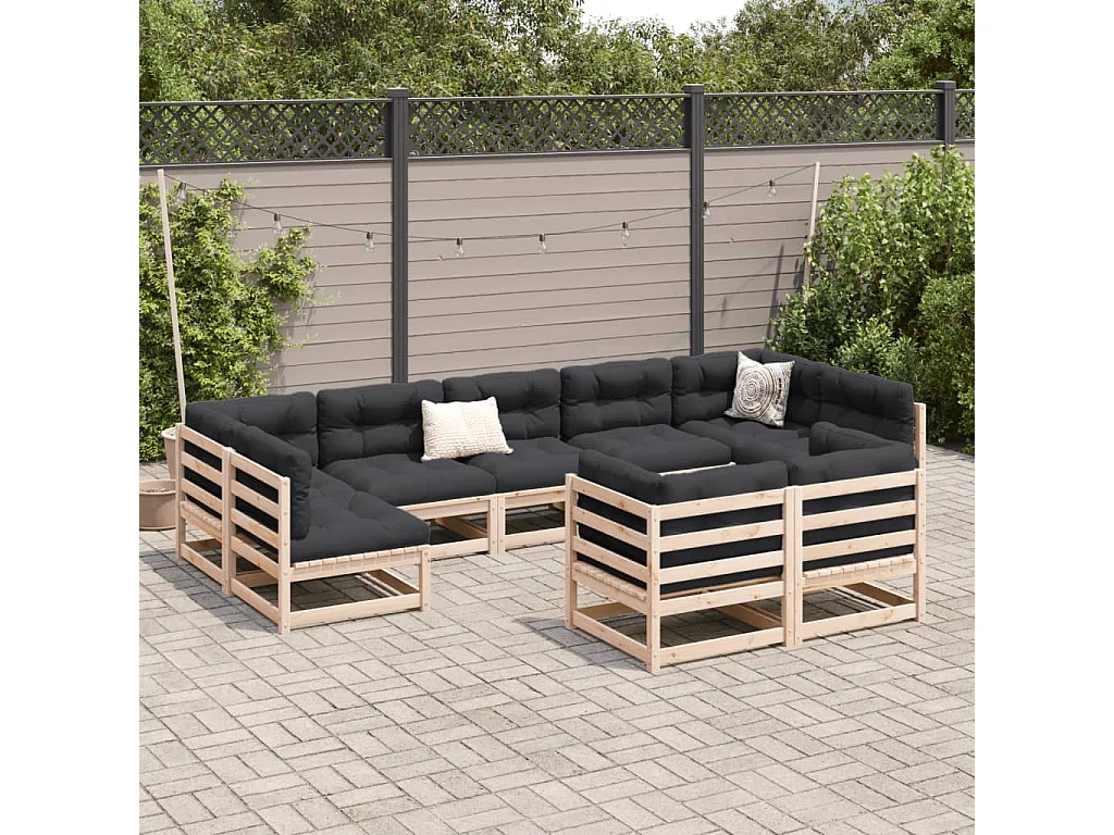 Salon de jardin 9 pcs avec coussins bois de pin massif