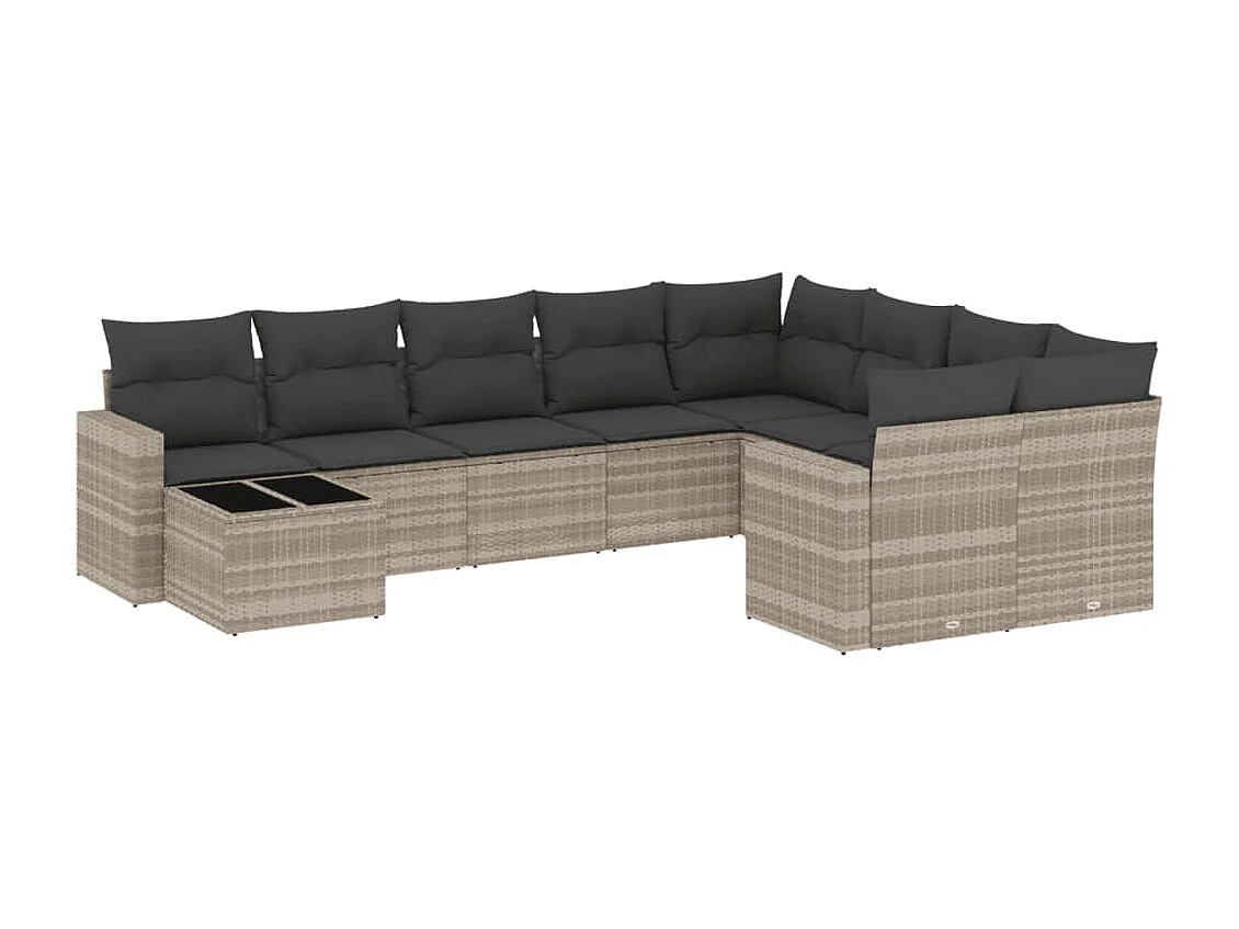 10-delige Loungeset met kussens poly rattan lichtgrijs