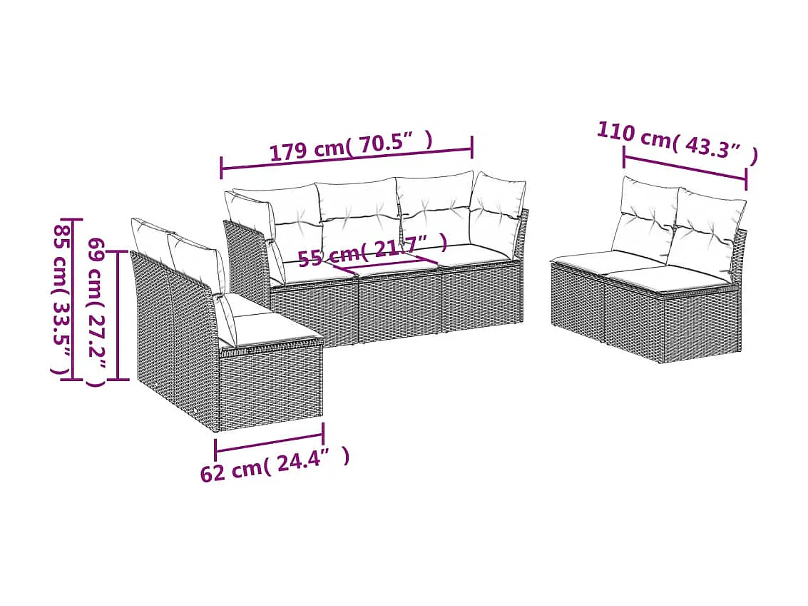 7 pcs conjunto de sofás p/ jardim com almofadões vime PE bege
