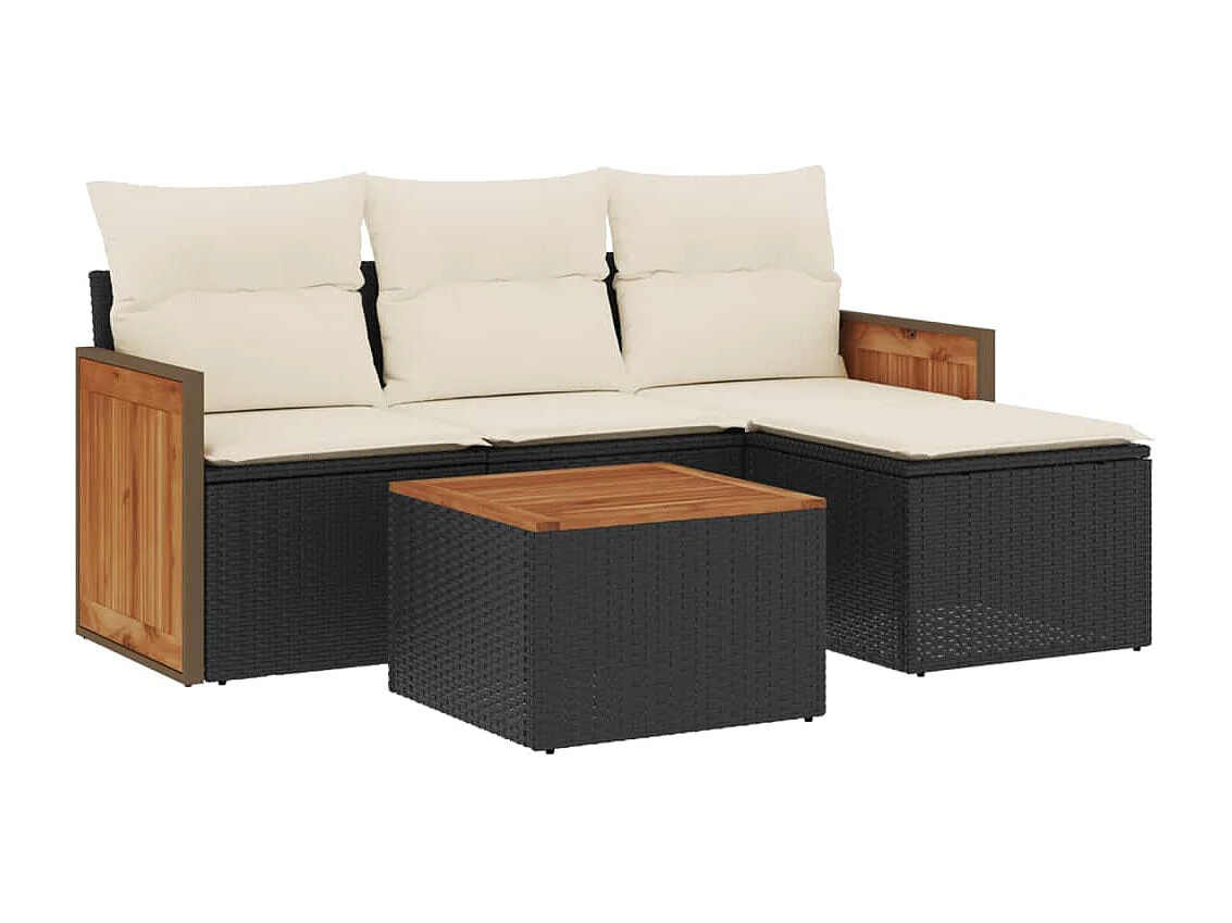 5-delige Loungeset met kussens poly rattan zwart