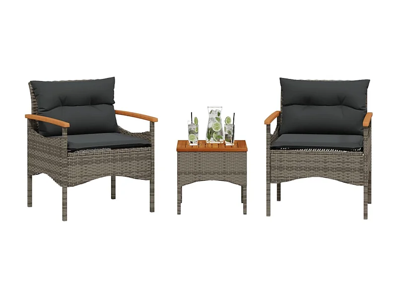 Salon de jardin avec coussins 3 pcs gris résine tressée