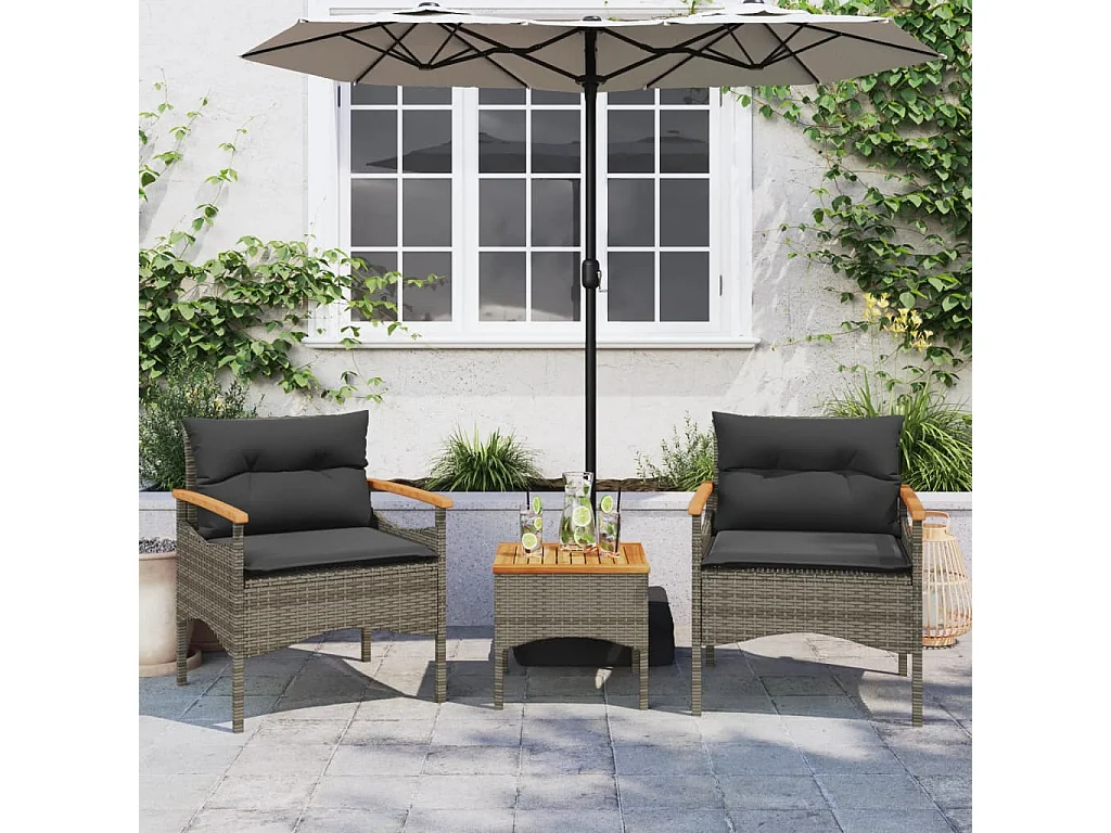 Salon de jardin avec coussins 3 pcs gris résine tressée