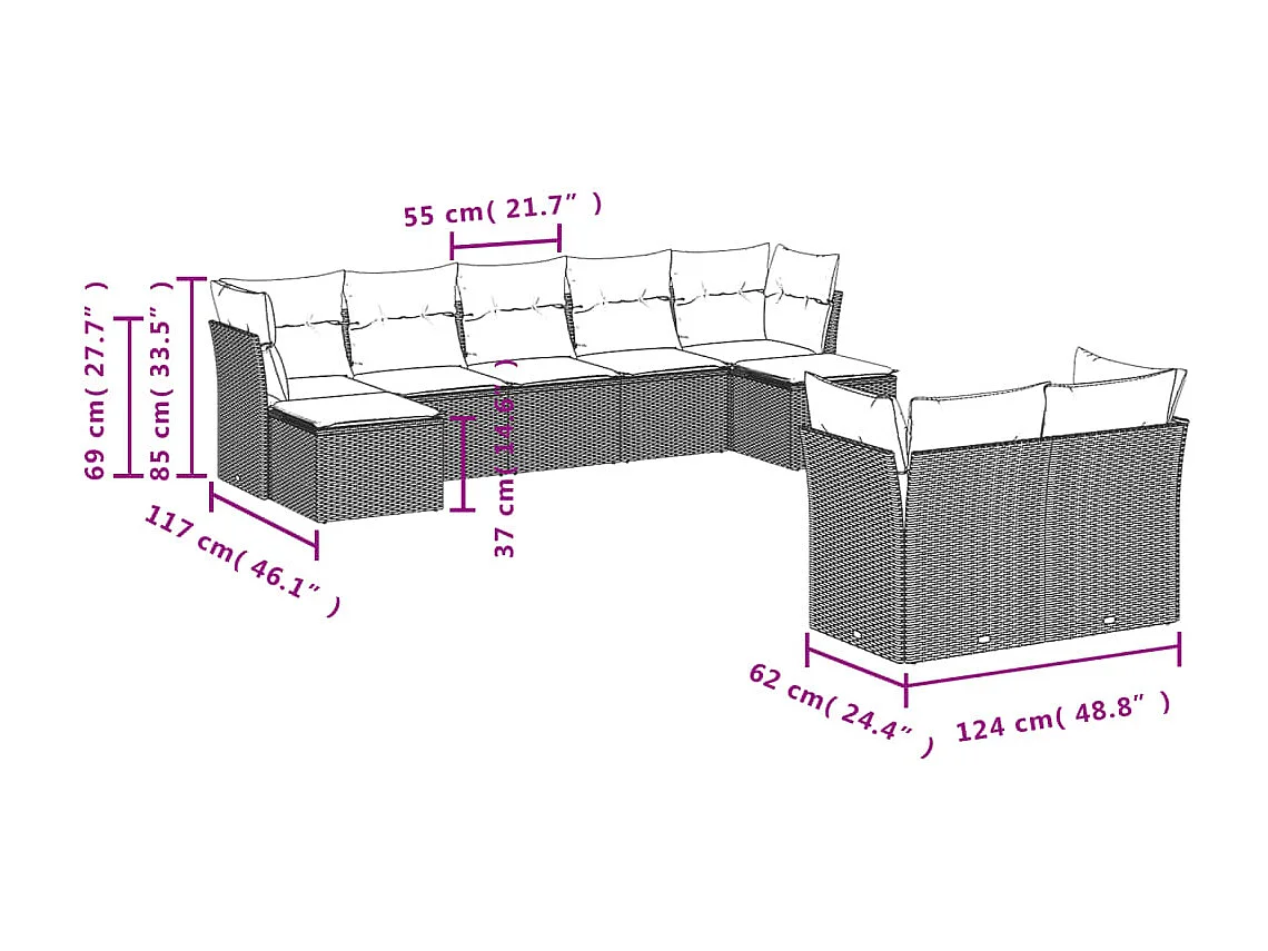 Salon de jardin 9 pcs avec coussins gris clair résine tressée