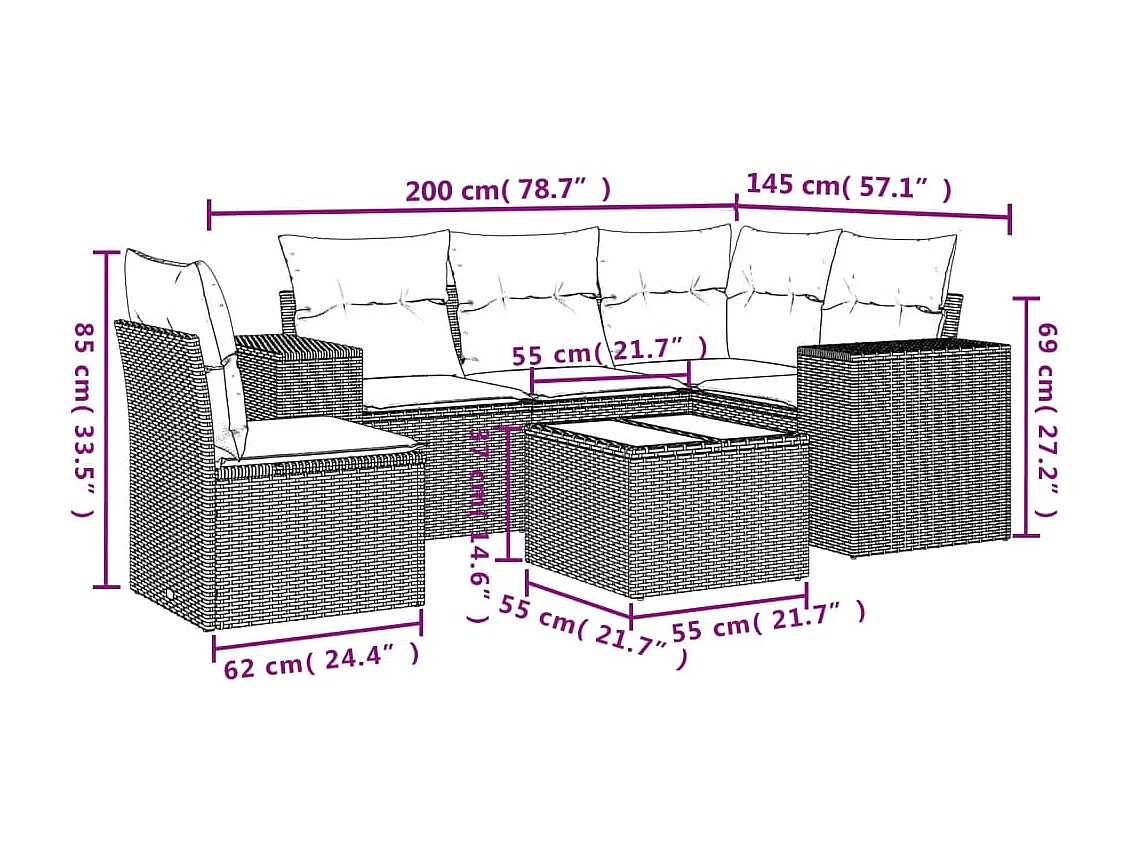 Salon de jardin 6 pcs avec coussins noir résine tressée