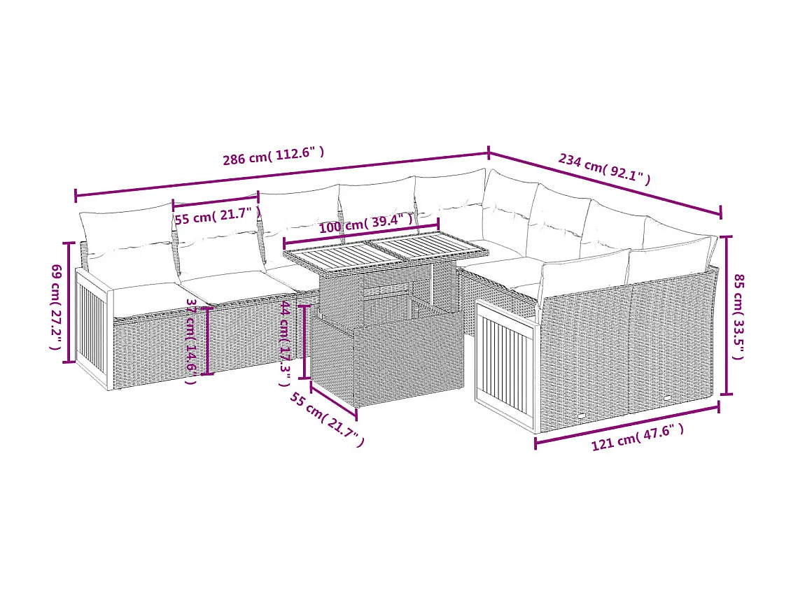 Salon de jardin avec coussins 10 pcs beige résine tressée