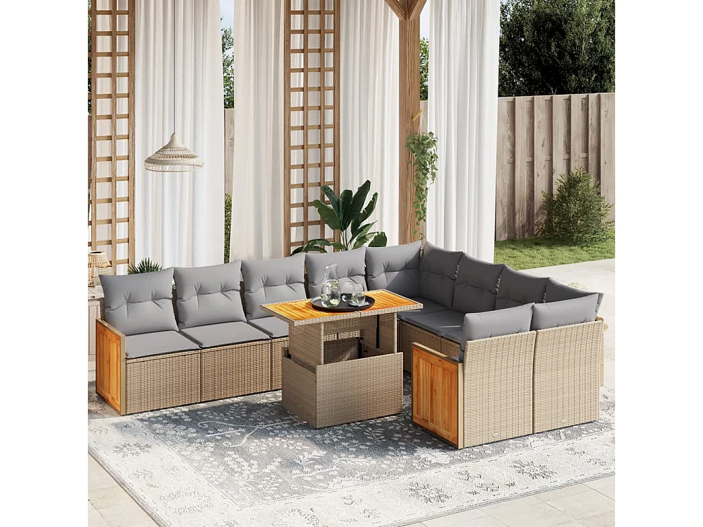 Salon de jardin avec coussins 10 pcs beige résine tressée