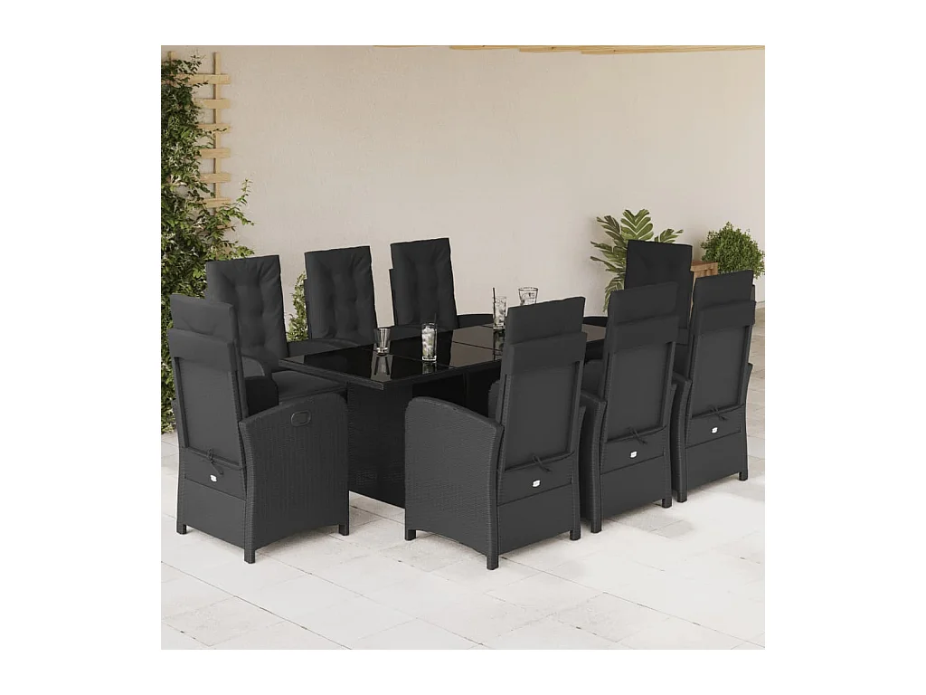 9 pcs conjunto de jantar p/ jardim c/ almofadões vime PE preto