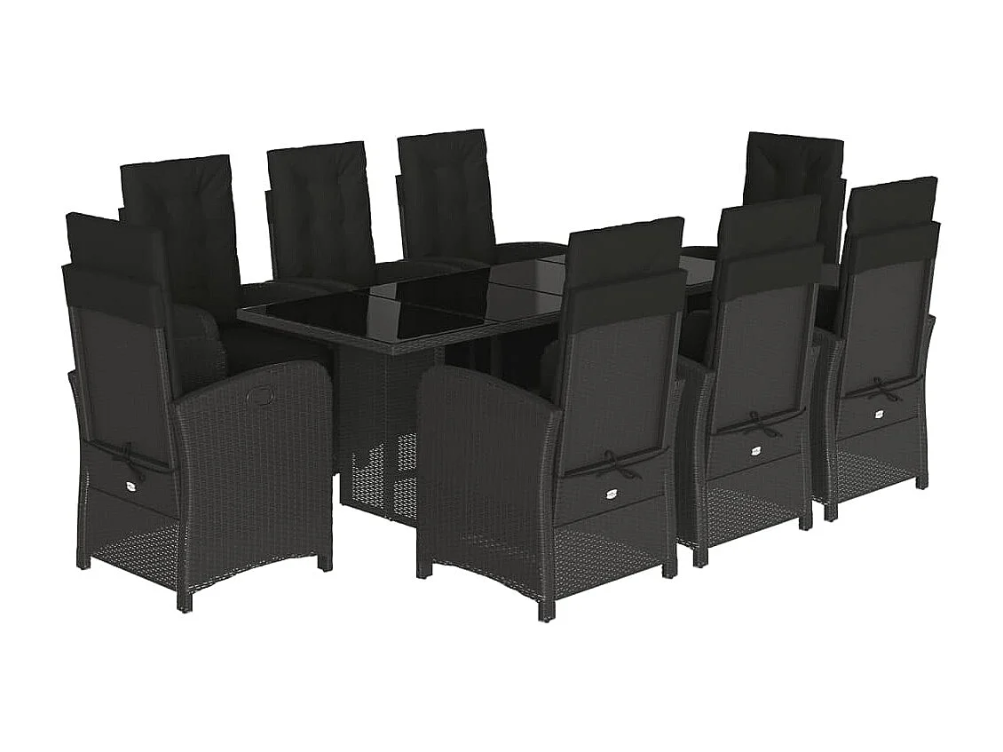 9 pcs conjunto de jantar p/ jardim c/ almofadões vime PE preto