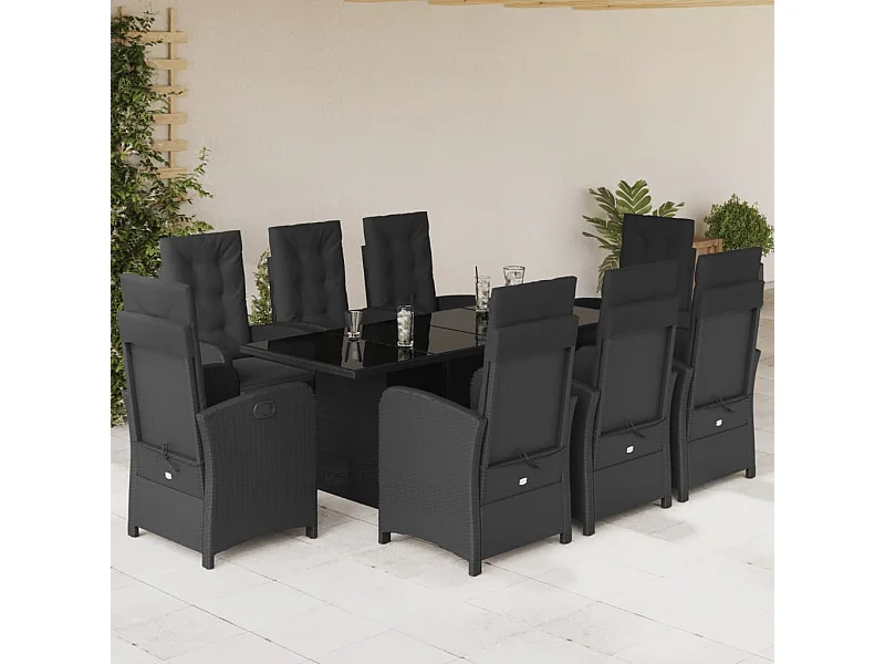 Ensemble à manger de jardin 9pcs coussins noir résine tressée