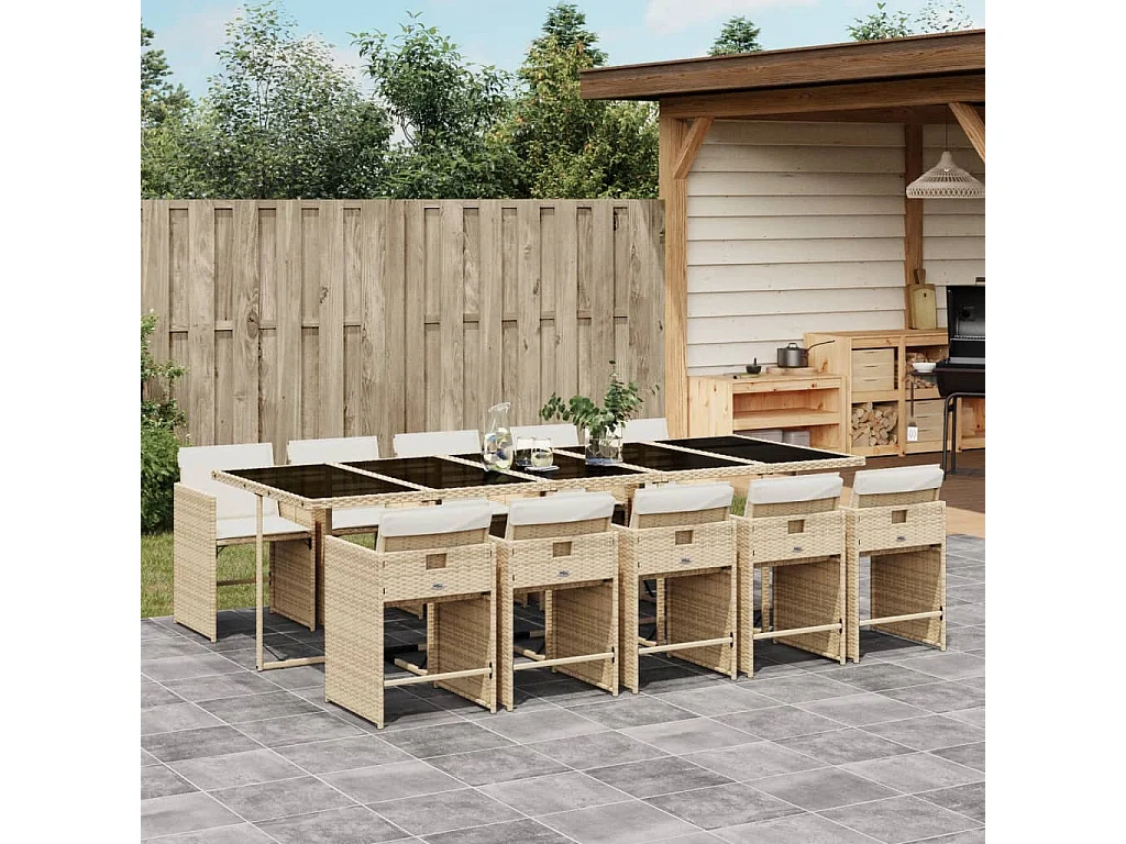 11 pcs conjunto de jantar p/ jardim com almofadões vime PE bege