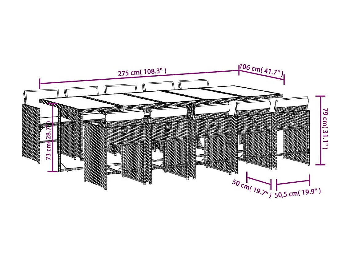 11 pcs conjunto de jantar p/ jardim com almofadões vime PE bege