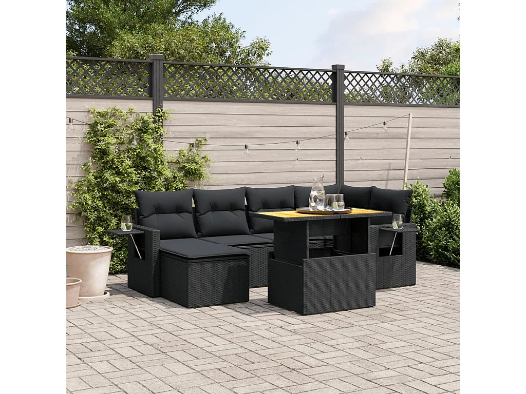 Salon de jardin 7 pcs avec coussins noir résine tressée