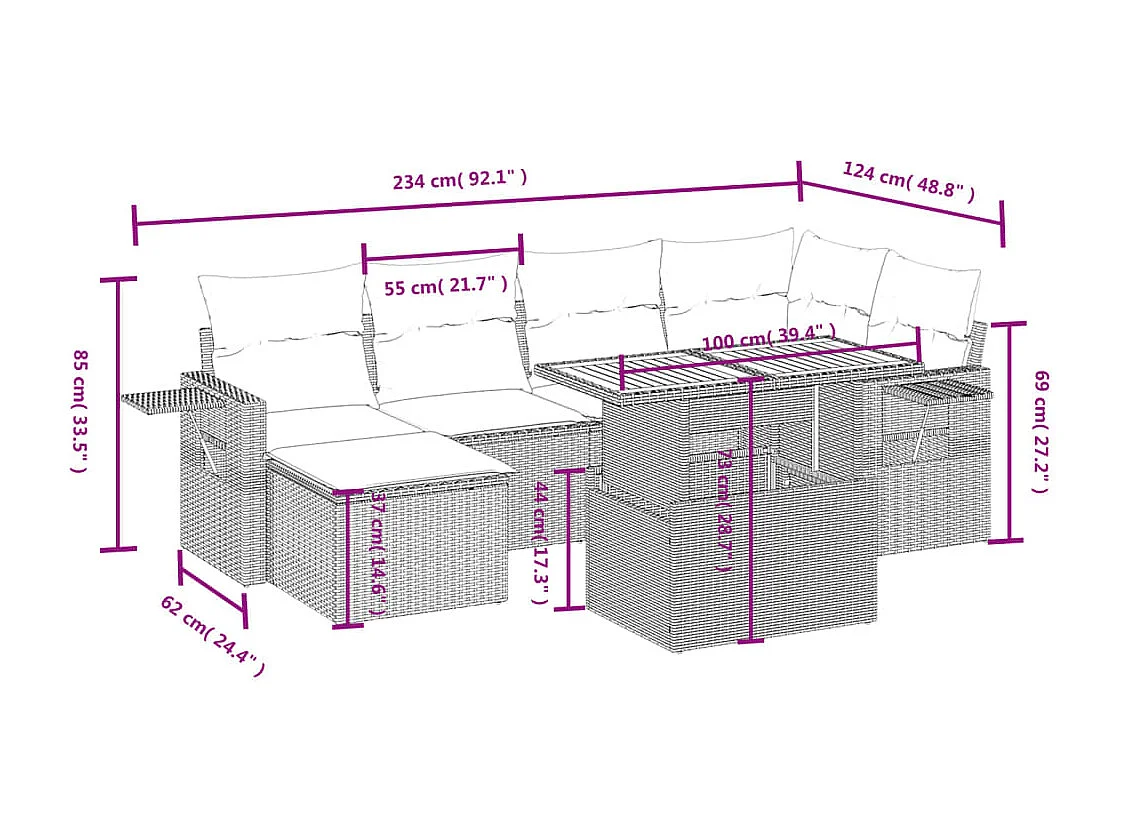 Salon de jardin 7 pcs avec coussins noir résine tressée