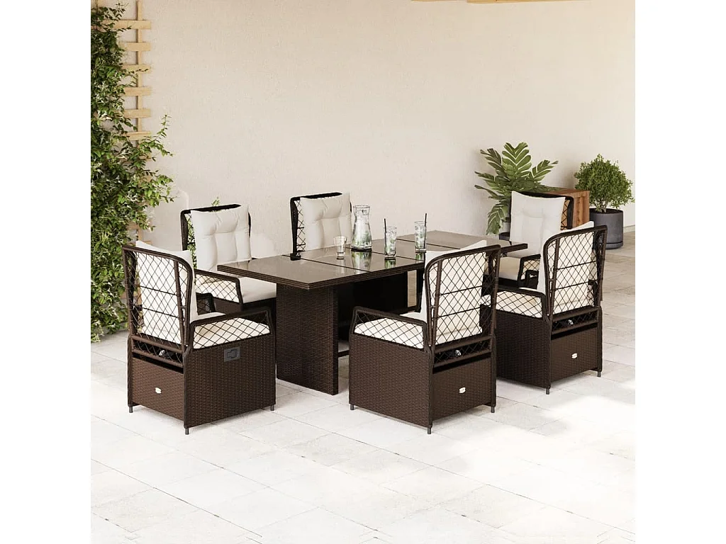 Set da Pranzo da Giardino 7pz con Cuscini in Polyrattan Marrone