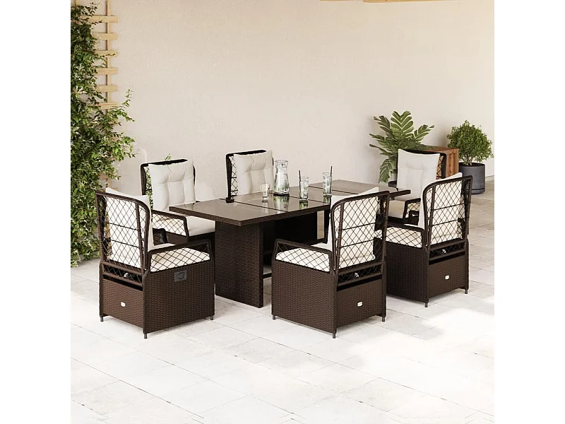 Set da Pranzo da Giardino 7pz con Cuscini in Polyrattan Marrone