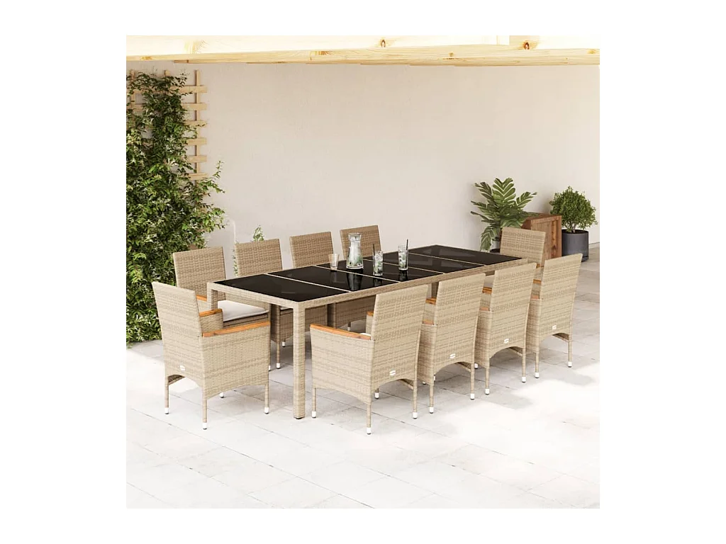 Set comedor jardín 11 pzas cojines ratán sintético vidrio beige