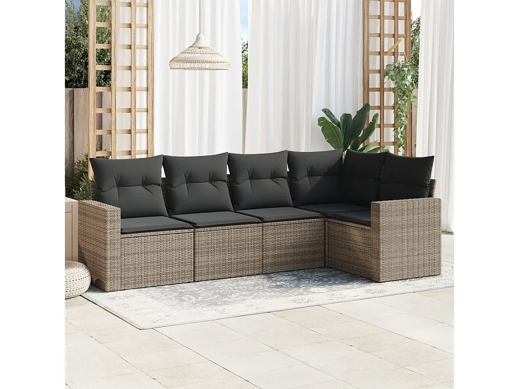 Set Divano da Giardino 5 pz con Cuscini Grigio in Polyrattan