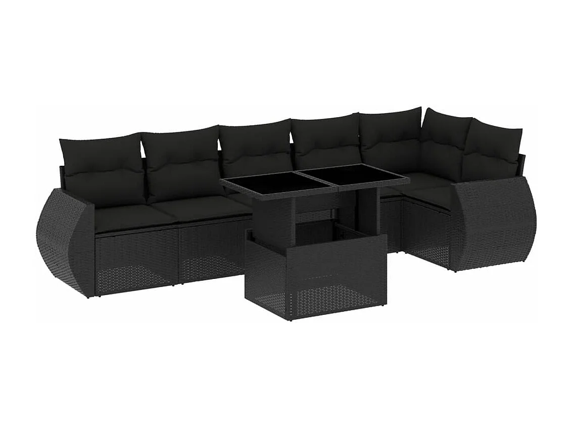 Salon de jardin 7 pcs avec coussins noir résine tressée