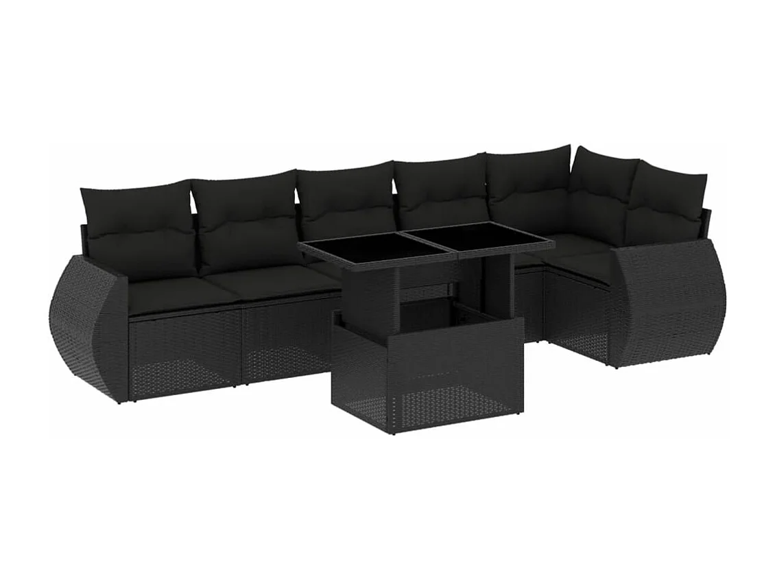 Salon de jardin 7 pcs avec coussins noir résine tressée