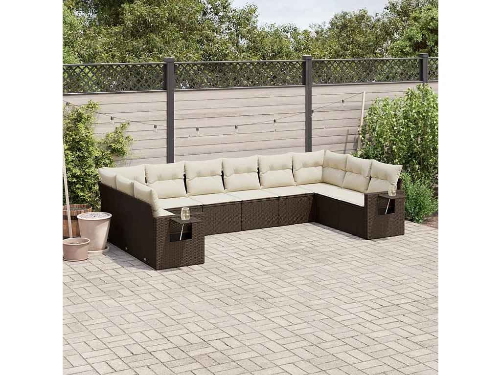 Salon de jardin 10 pcs avec coussins marron résine tressée