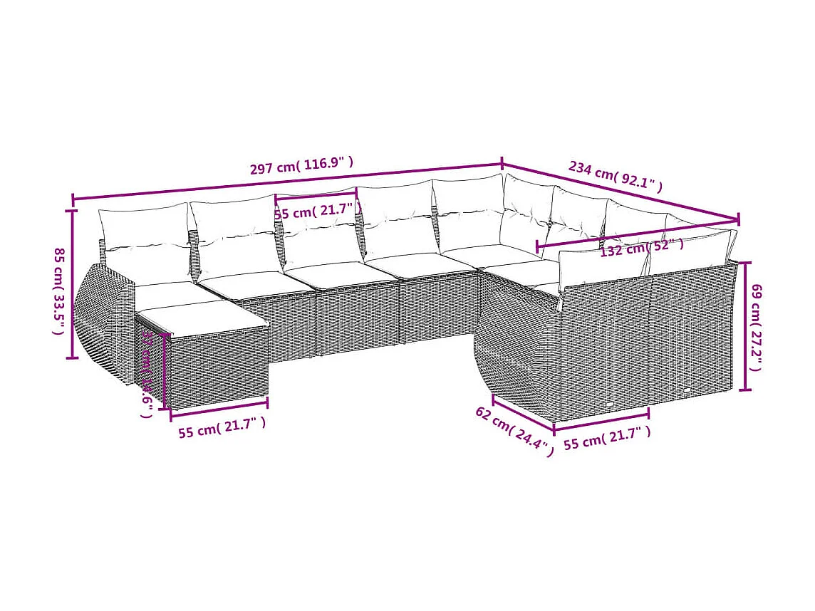 10-delige Loungeset met kussens poly rattan zwart