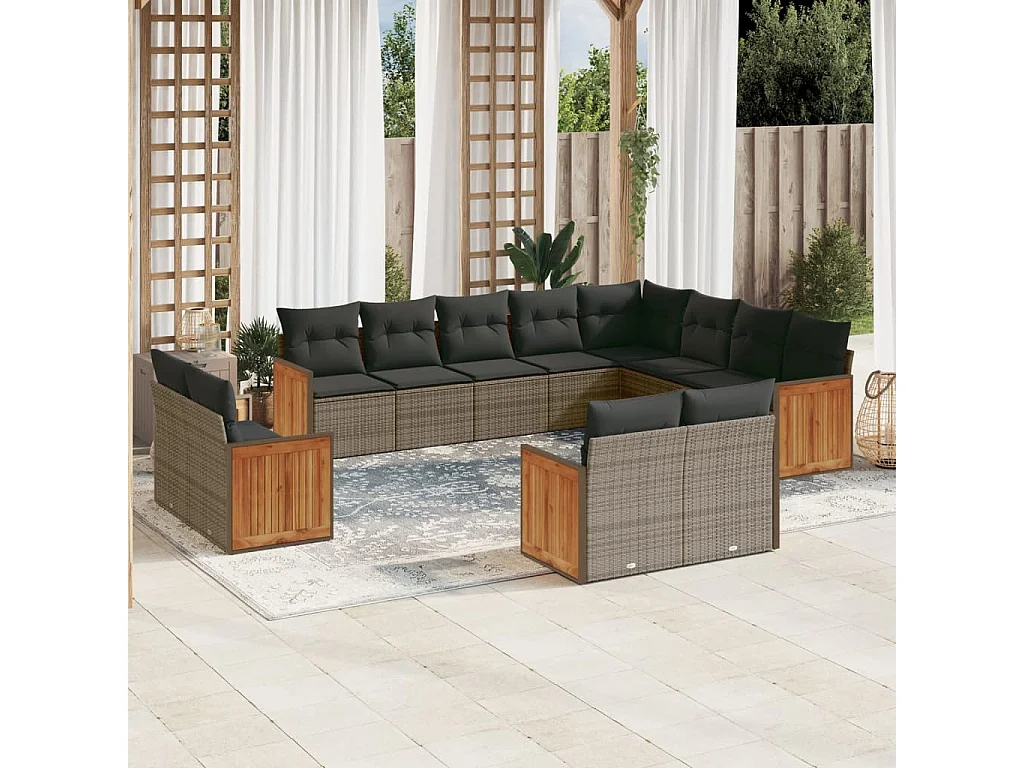 Salon de jardin avec coussins 12 pcs gris résine tressée