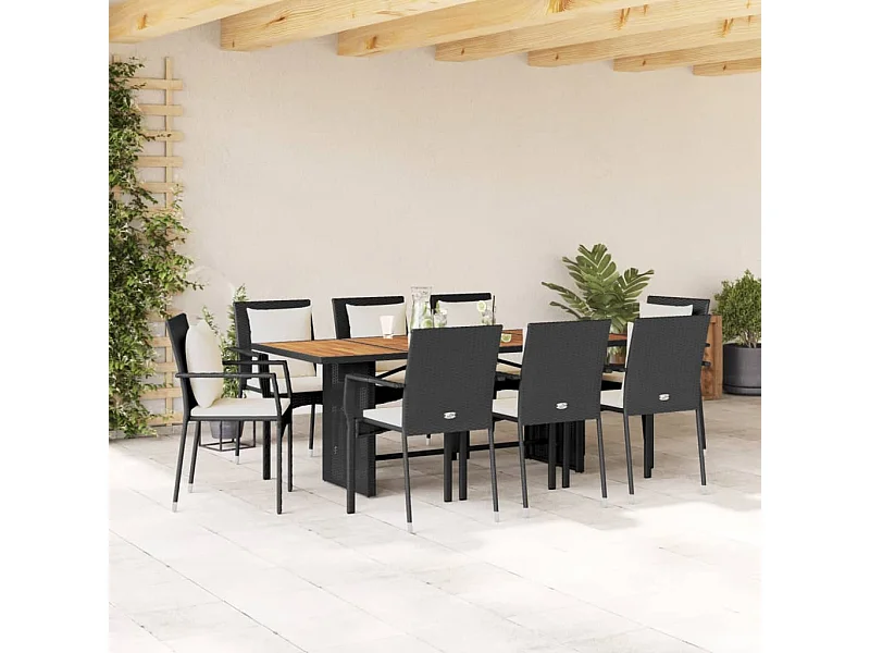 9 pcs conjunto de jantar p/ jardim c/ almofadões vime PE preto