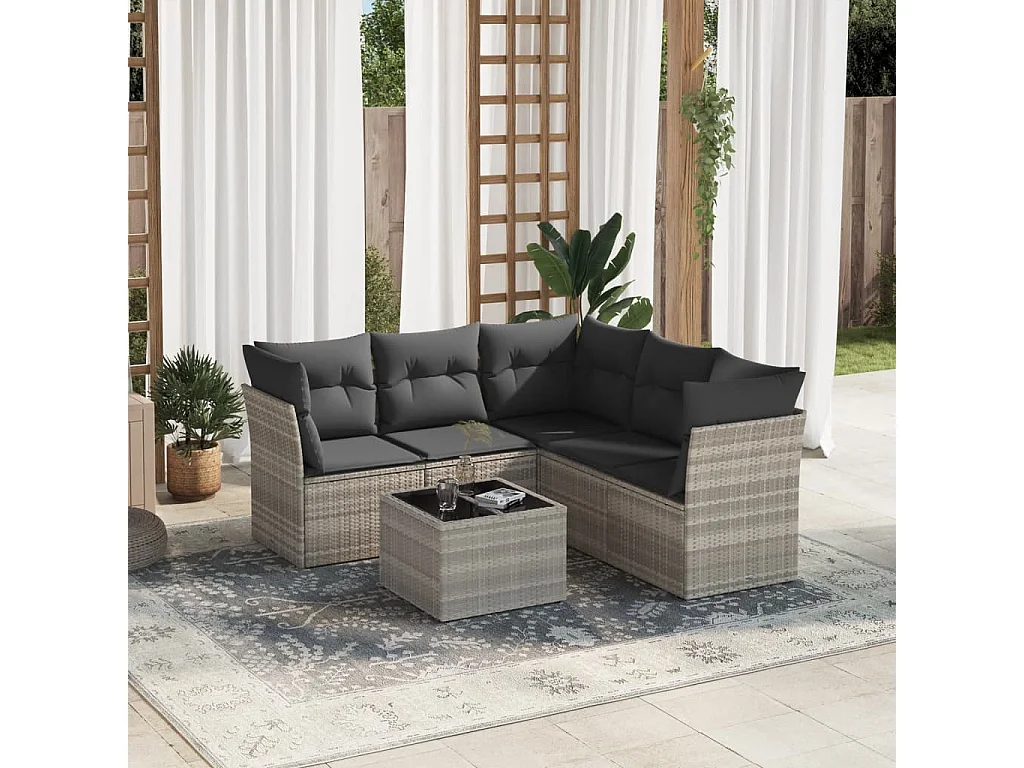 6-tlg. Garten-Sofagarnitur mit Kissen Hellgrau Poly Rattan