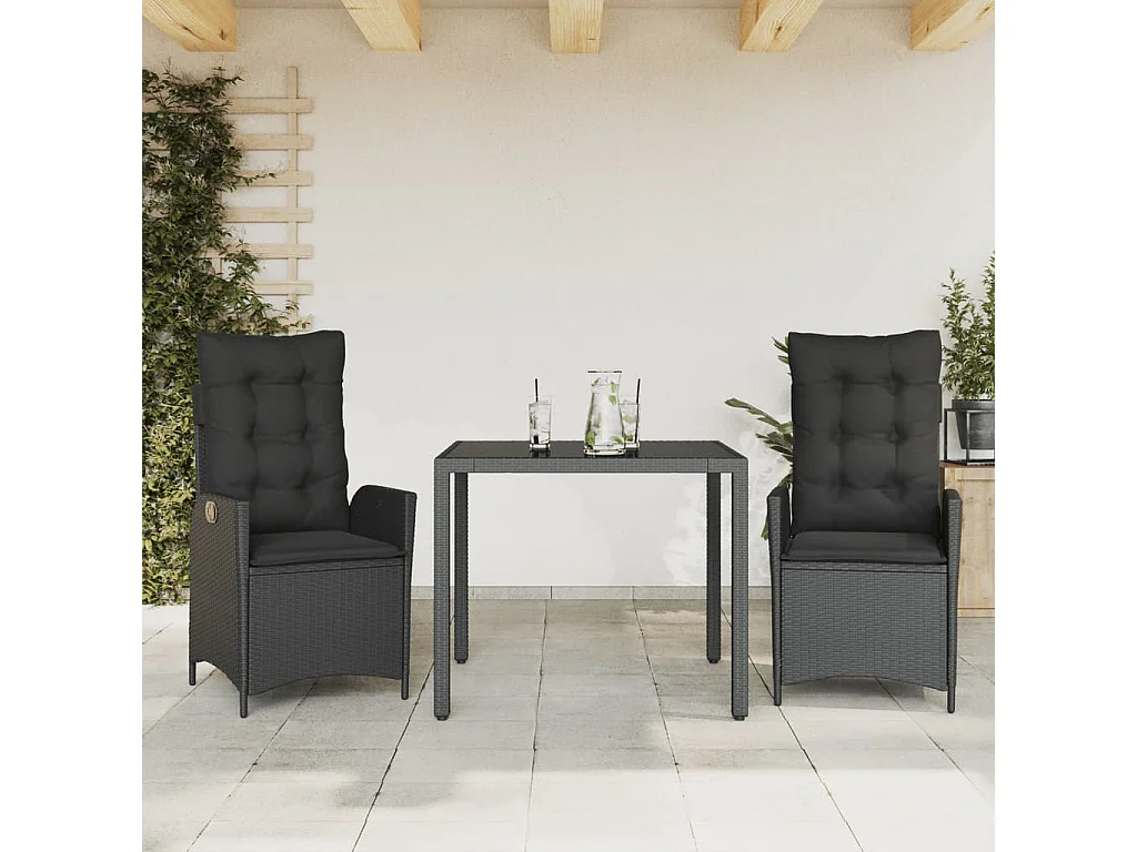 3-tlg. Garten-Essgruppe mit Kissen Schwarz Poly Rattan