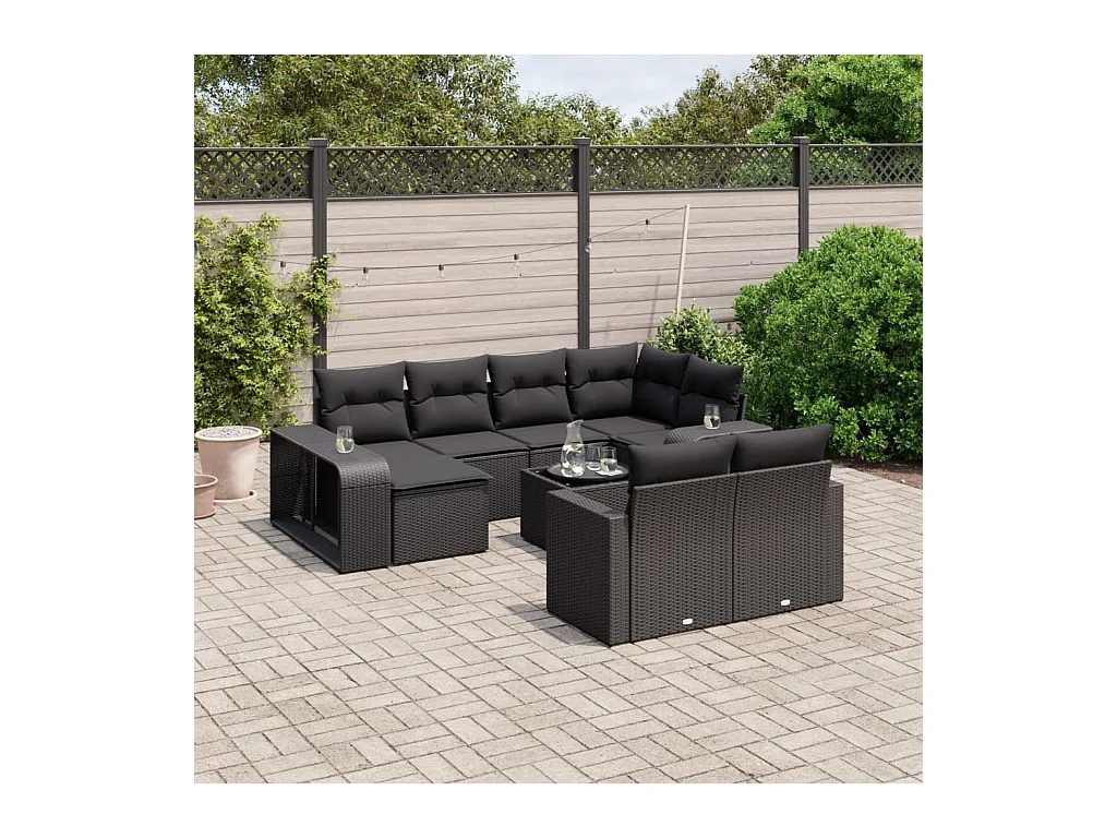 11-delige Loungeset met kussens poly rattan zwart