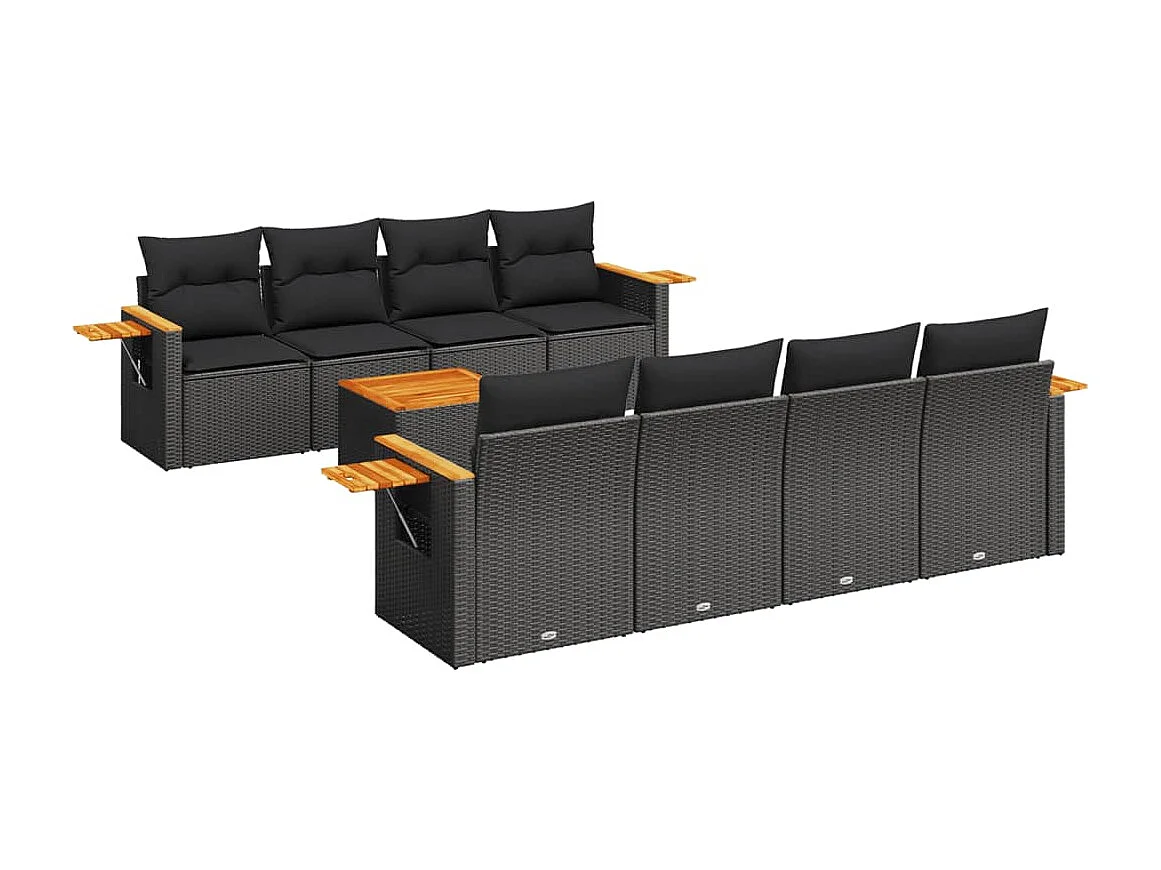 Salon de jardin 9 pcs avec coussins noir résine tressée
