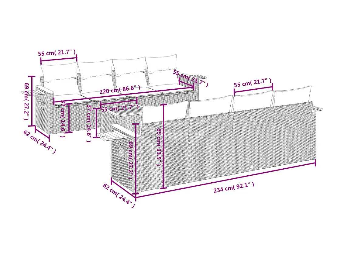 Salon de jardin 9 pcs avec coussins noir résine tressée