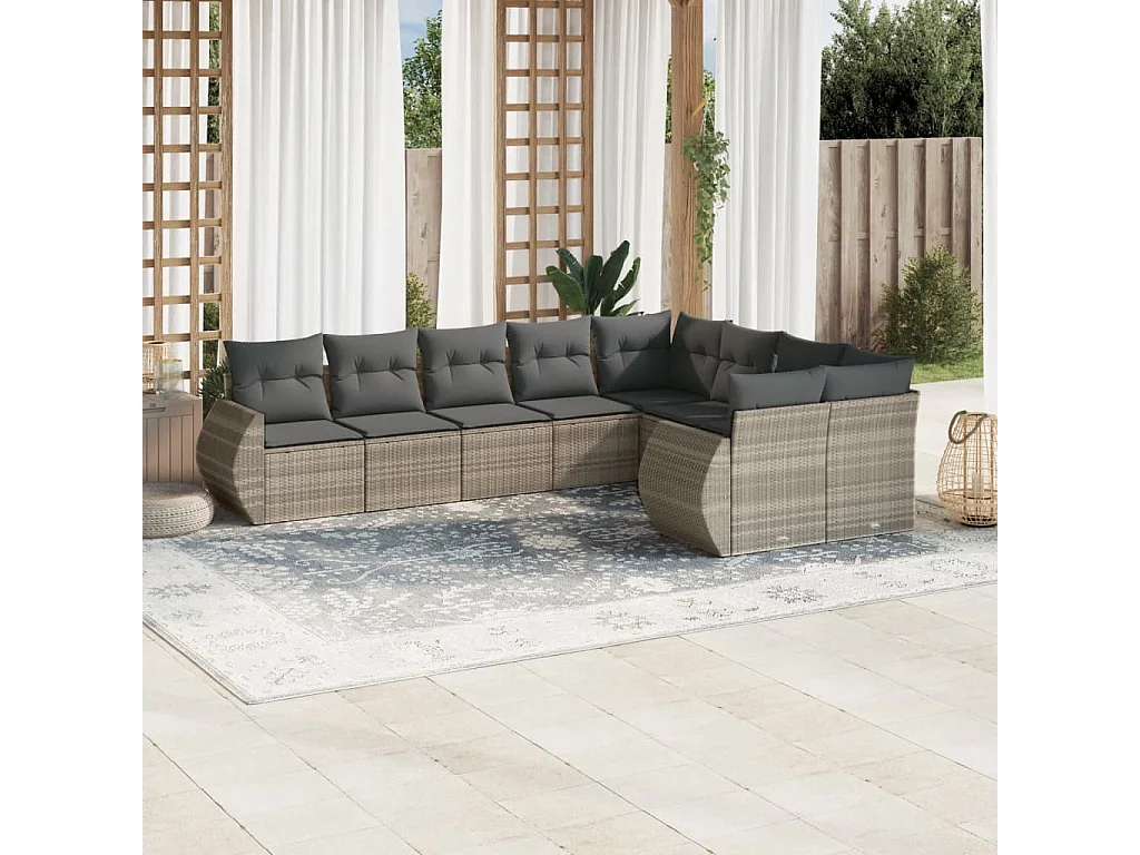 Set Divano da Giardino 9pz con Cuscini Grigio Chiaro Polyrattan