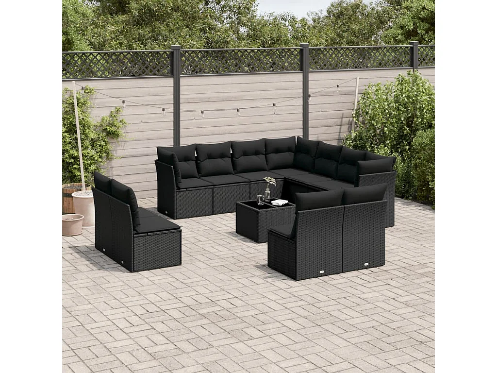Salon de jardin 12 pcs avec coussins noir résine tressée