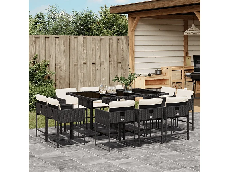 Set da Pranzo da Giardino 11 pz con Cuscini in Polyrattan Nero