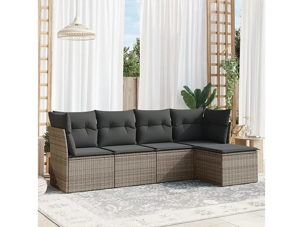 5-tlg. Garten-Sofagarnitur mit Kissen Grau Poly Rattan