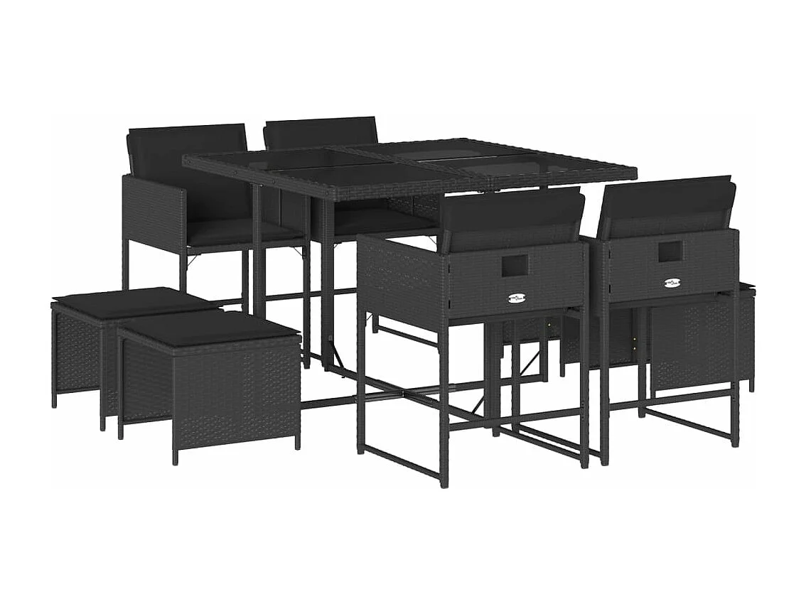 Set de comedor de jardín 9 pzas y cojines ratán sintético negro