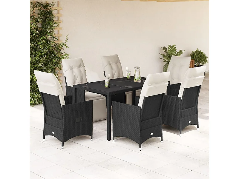 Set da Pranzo da Giardino 7 pz Nero con Cuscini in Polyrattan