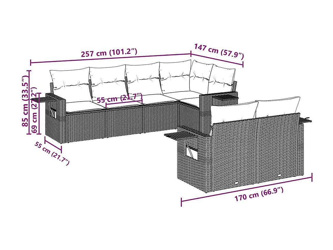 Salon de jardin avec coussins 7 pcs marron résine tressée