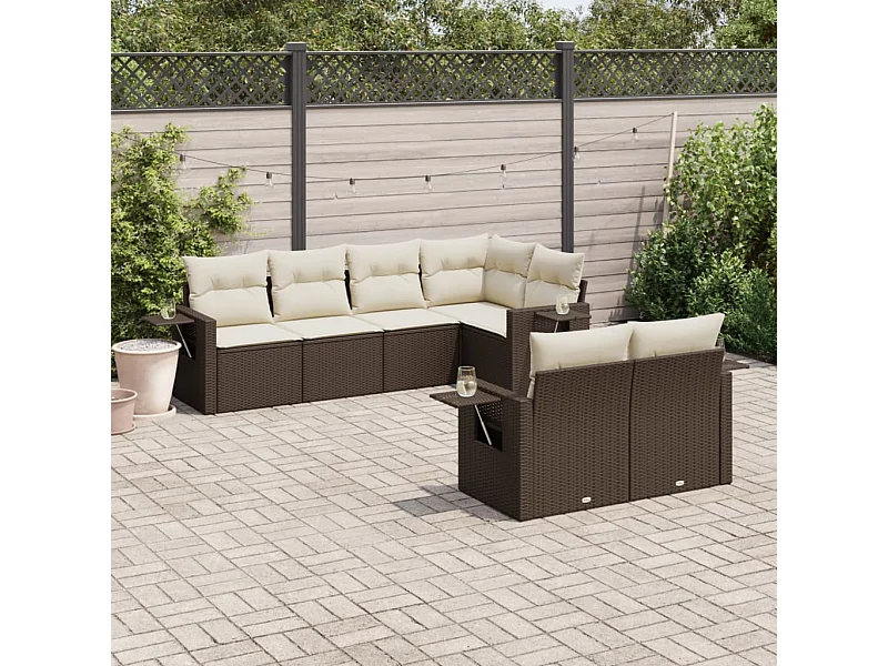 Salon de jardin avec coussins 7 pcs marron résine tressée