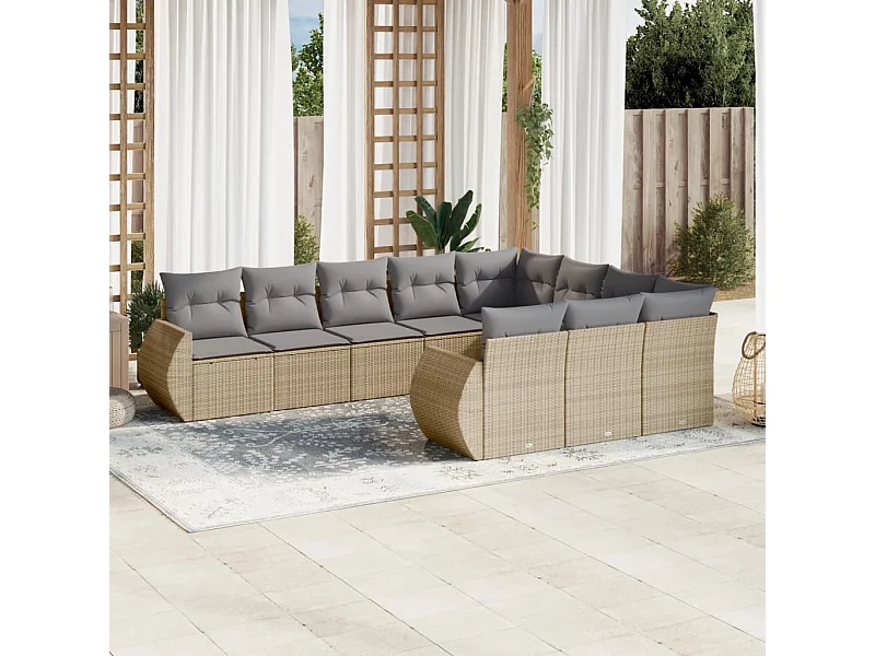 Set Divano da Giardino 10 pz con Cuscini Beige in Polyrattan