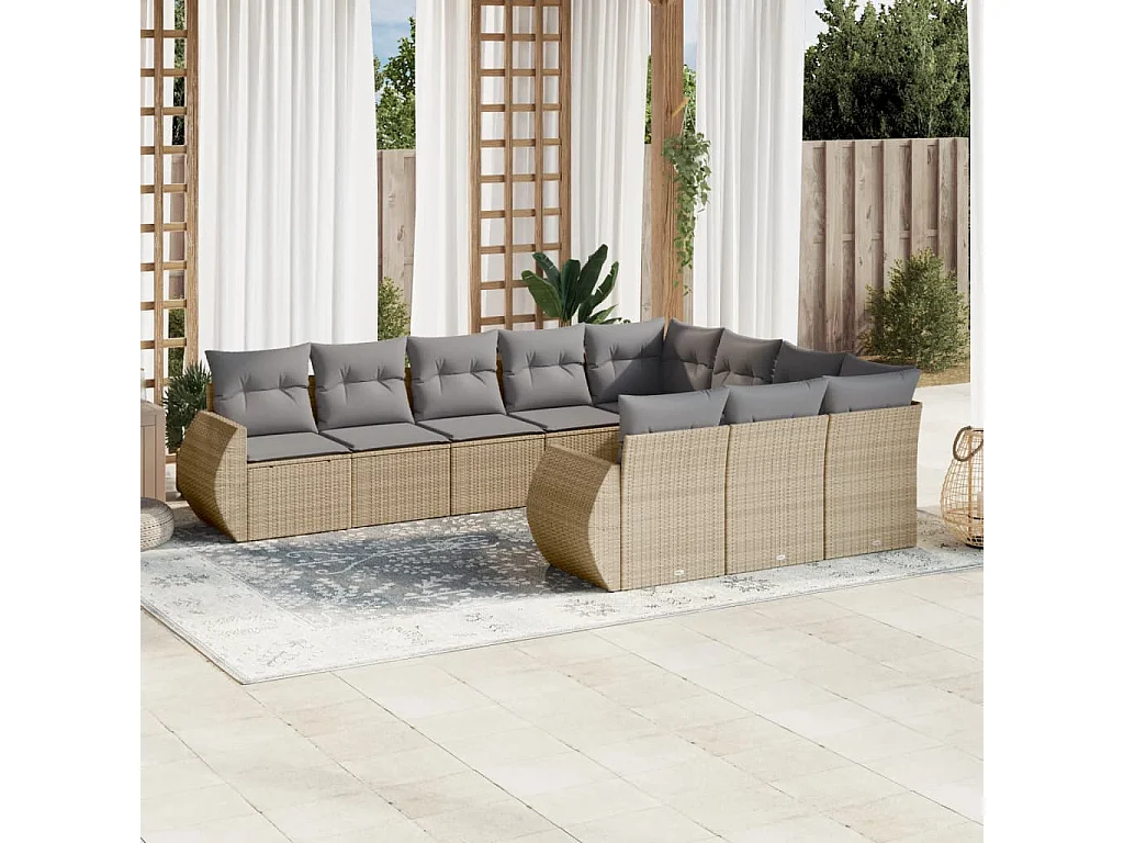 Set Divano da Giardino 10 pz con Cuscini Beige in Polyrattan