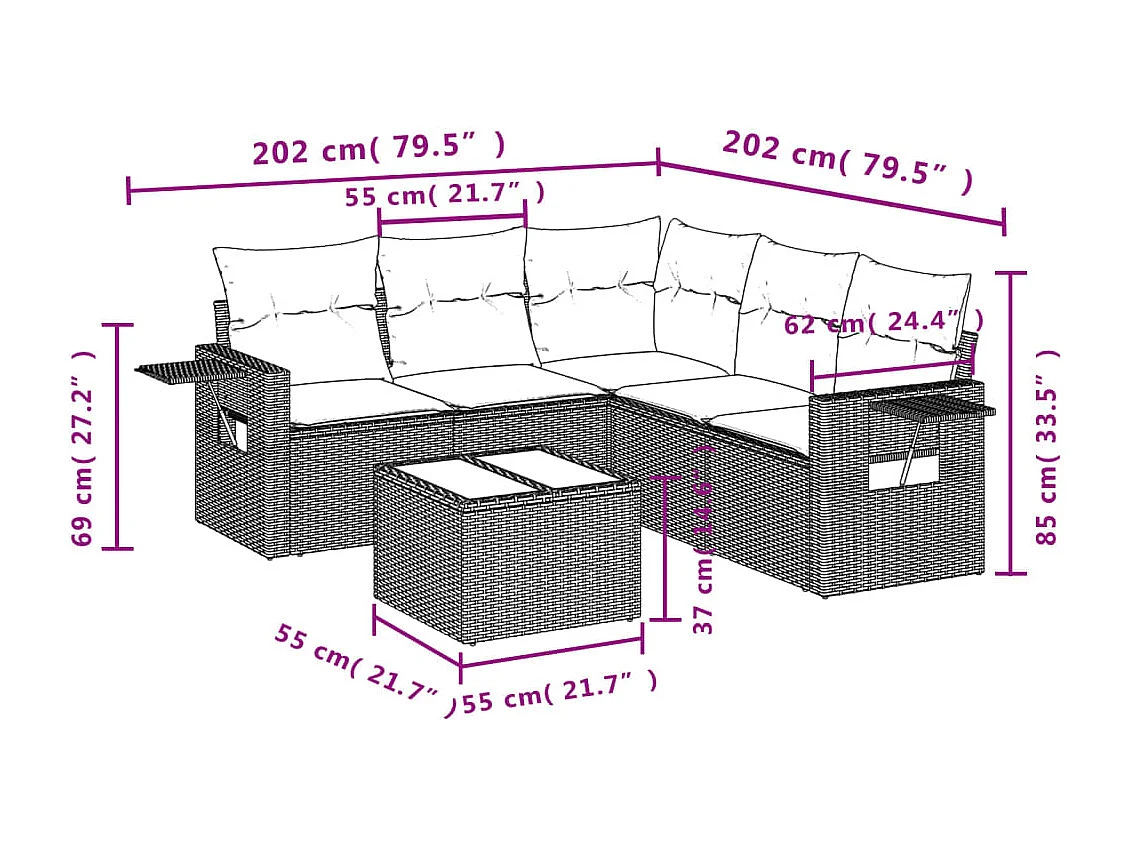 Salon de jardin 6 pcs avec coussins noir résine tressée