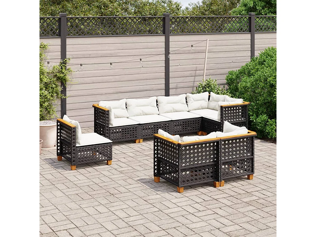 Set de sofás de jardín 8 piezas y cojines ratán sintético negro