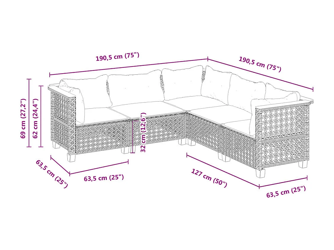 5-tlg. Garten-Sofagarnitur mit Kissen Schwarz Poly Rattan