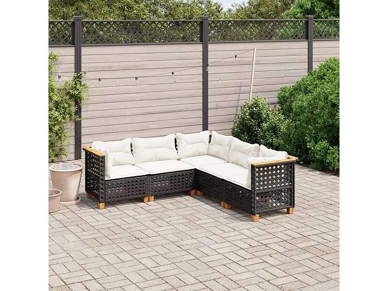 5-delige Loungeset met kussens poly rattan zwart
