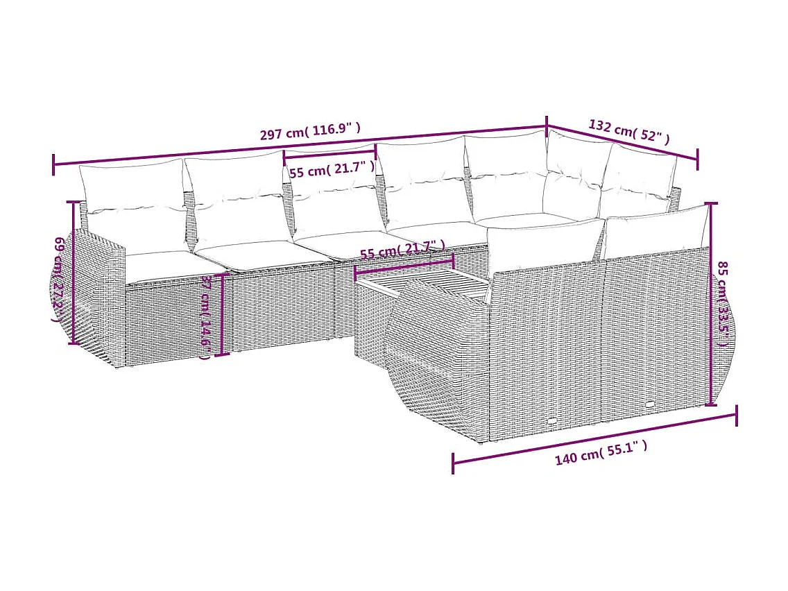 Set Divani da Giardino 9 pz con Cuscini Nero in Polyrattan