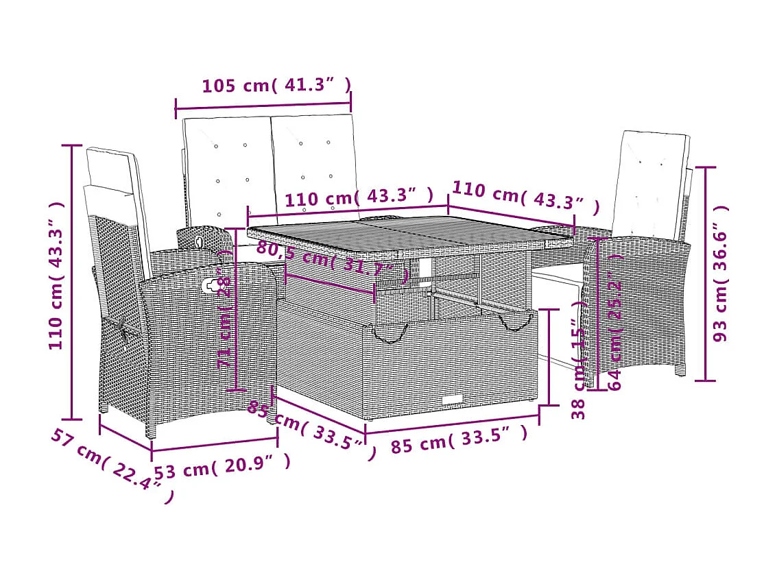 Ensemble à manger jardin 4pcs et coussins Gris Résine tressée