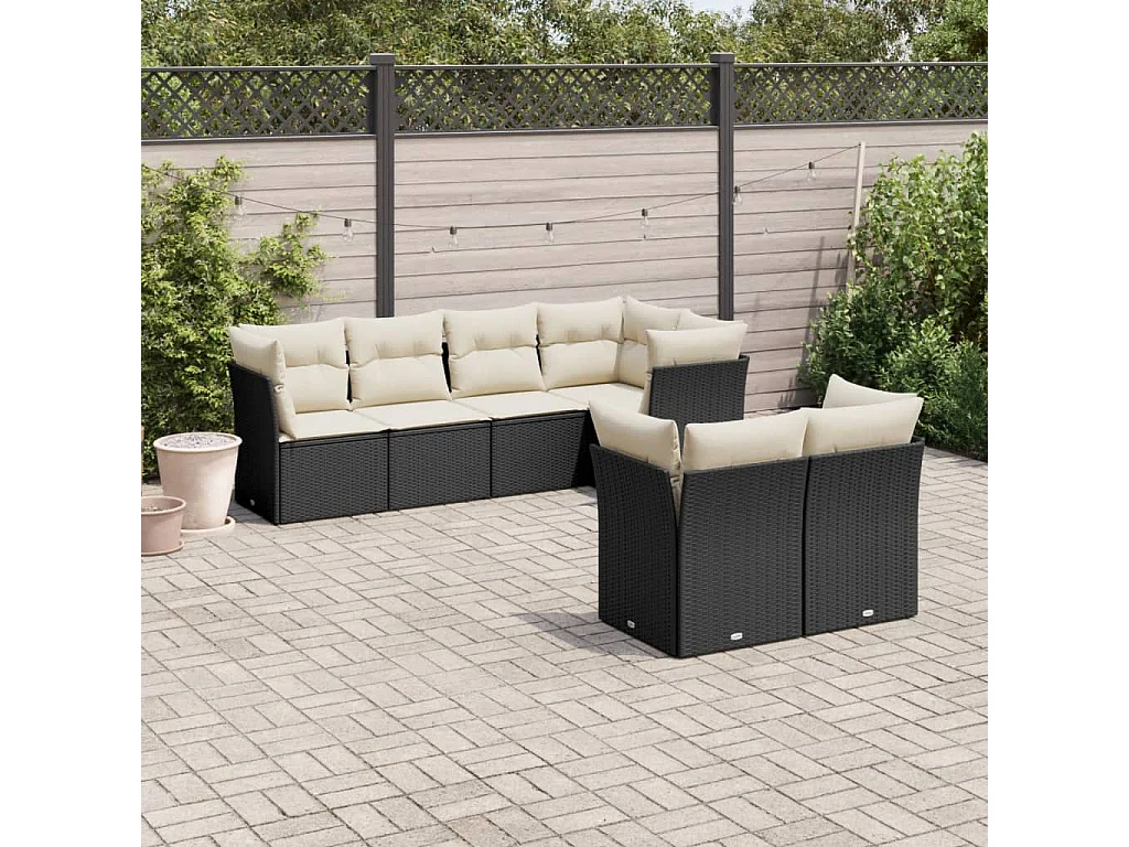 7-tlg. Garten-Sofagarnitur mit Kissen Schwarz Poly Rattan