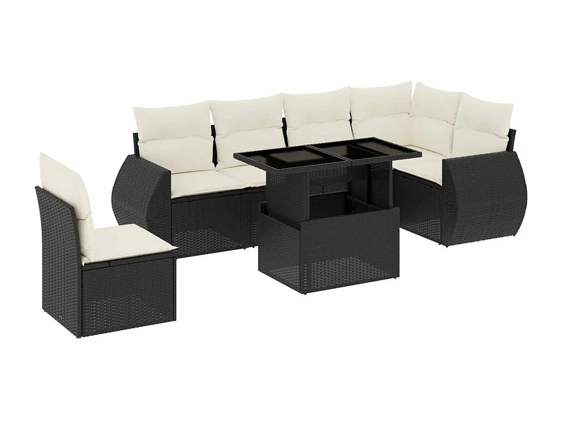 Salon de jardin 7 pcs avec coussins noir résine tressée